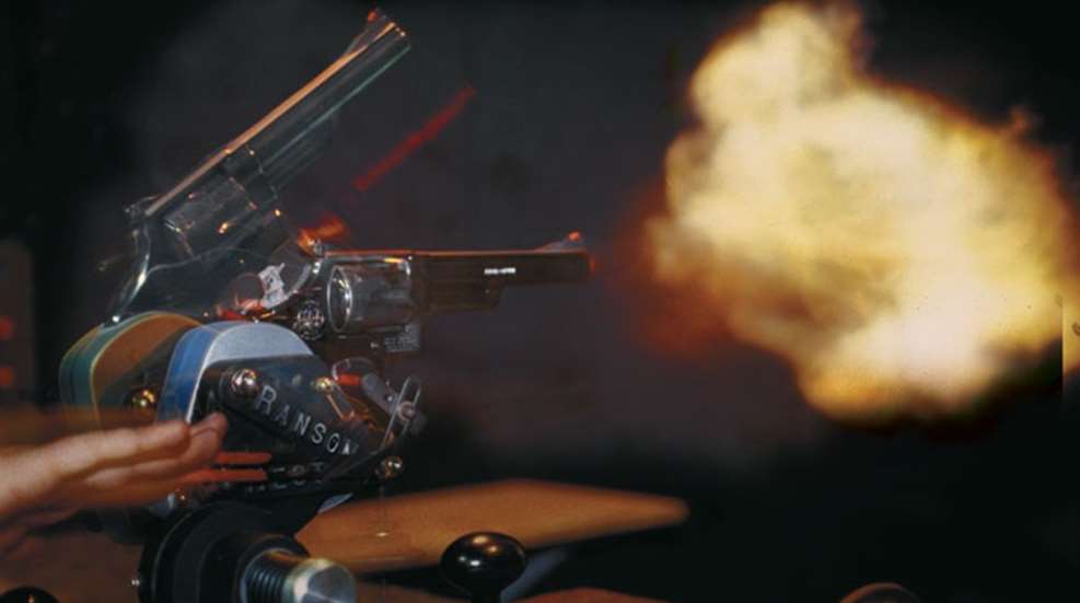 revolver fired from Ransom rest produces magnificent fireball