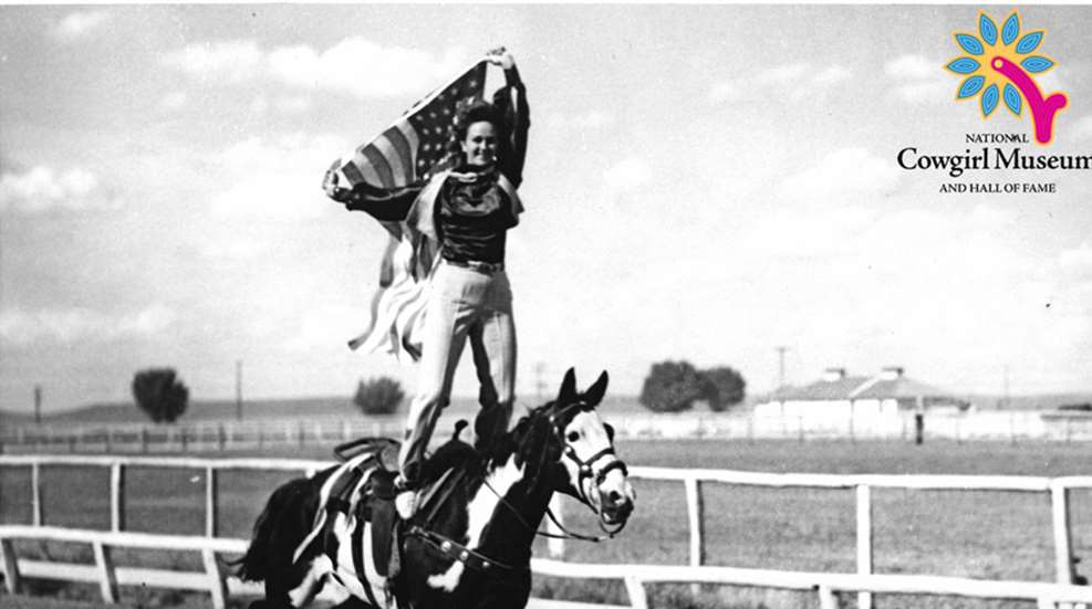 historical photo of woman riding horseback while standing