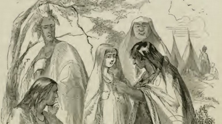 old illustration of Mary Jemison being given a cloak by her adopted tribe