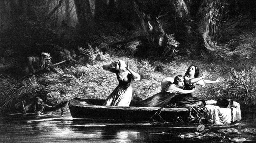 historical black and white illustration of Native American man attacking women in a boat