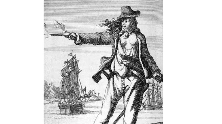 illustration of pirate Anne Bonny taking aim with blackpowder pistol