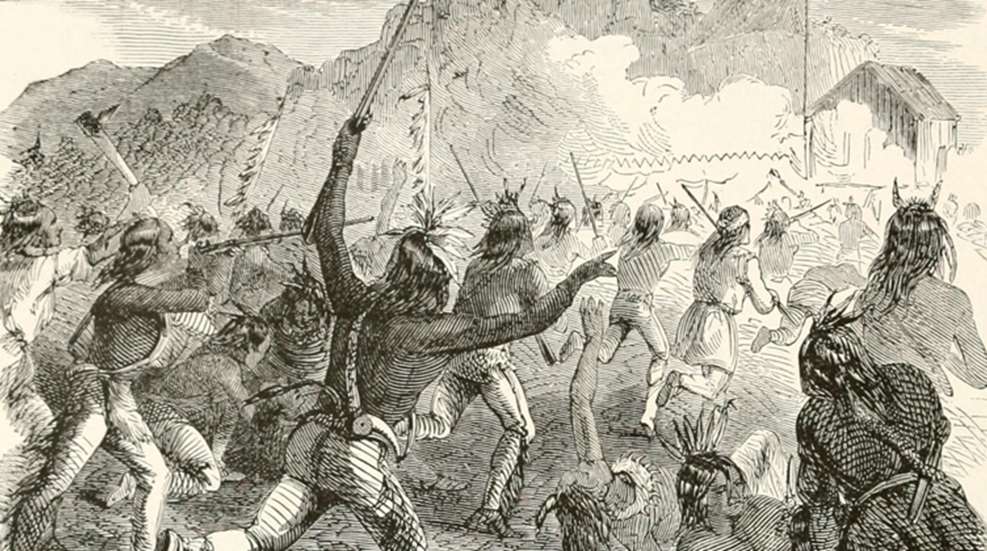 Woodcut illustration of native Americans battling