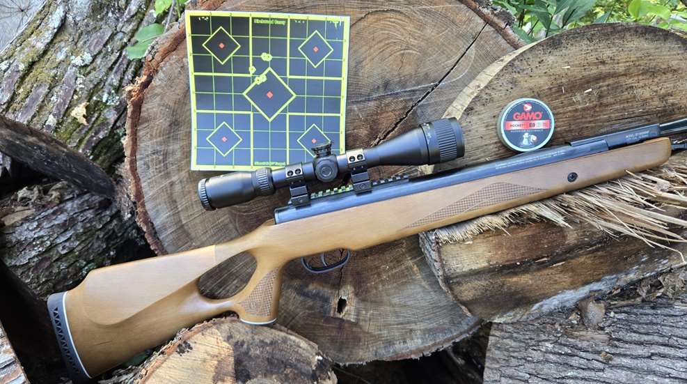 Benjamin Trail NP XL Rifle And Target And Pellets Close Up